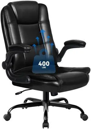 Ergonomic Office Chair with Flip-up Armrests, Big and Tall Leather Executive Office Chair, High Back Lumbar Support Home Computer Desk Chair, Heavy and Duty Computer Chair (Black) Ergonomic Office Chair with Flip-up Armrests, Big and Tall Leather Executive Office Chair, High Back Lumbar Support Home Computer Desk Chair, Heavy and Duty Computer Chair (Black)