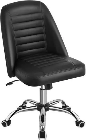 Mid Back PU Leather Armless Desk Office Chair, Modern Vanity Chair with Rolling Wheels, Metal Base Black Mid Back PU Leather Armless Desk Office Chair, Modern Vanity Chair with Rolling Wheels, Metal Base Black