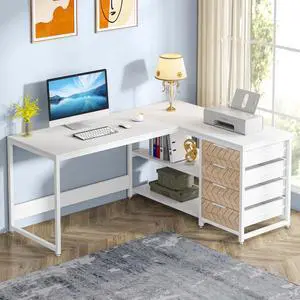 L Shaped Computer Desk with Storage Drawers, 59 inch Corner Desk with Shelves, Reversible L-Shaped Office Desk Study Writing Table Workstation for Home Office, White L Shaped Computer Desk with Storage Drawers, 59 inch Corner Desk with Shelves, Reversible L-Shaped Office Desk Study Writing Table Workstation for Home Office, White