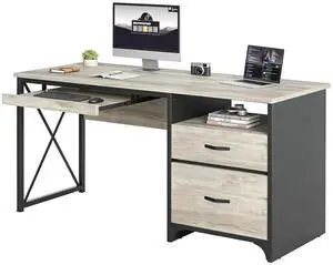 Office Desk with Drawers, 55 inch Industrial Computer Desk with Storage, Wood Teacher Desk with Keyboard Tray & File Drawer for Home Office, Light Gray Oak Office Desk with Drawers, 55 inch Industrial Computer Desk with Storage, Wood Teacher Desk with Keyboard Tray & File Drawer for Home Office, Light Gray Oak