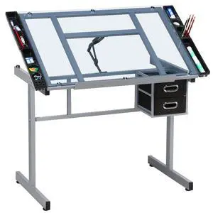 Drawing Desk Adjustable Glass Drafting Study Table for Diamond/Versatile Art Craft Station w/ 2 Slide Rolling Wheels and Drawers for Artist Painters Home Office Drawing Desk Adjustable Glass Drafting Study Table for Diamond/Versatile Art Craft Station w/ 2 Slide Rolling Wheels and Drawers for Artist Painters Home Office
