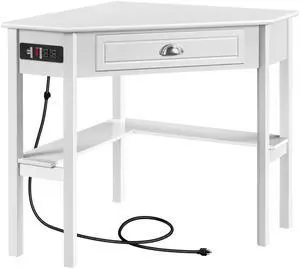 L Shaped Corner Computer Desk with Power Outlets, Reversible Triangle Workstation with USB Ports and Hook for Small Space, Modern Home Office Desk Gaming Table with Drawer & Shelf, White L Shaped Corner Computer Desk with Power Outlets, Reversible Triangle Workstation with USB Ports and Hook for Small Space, Modern Home Office Desk Gaming Table with Drawer & Shelf, White