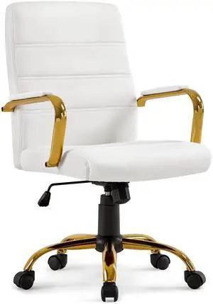 Office Desk Chair Mid-Back Adjustable PU Leather Executive Chair w/Gold Frame White Seat Office Desk Chair Mid-Back Adjustable PU Leather Executive Chair w/Gold Frame White Seat