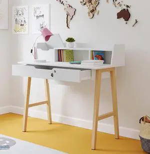 Modern Design Roma Small Desk for Bedroom, 40 inch White Writing Desk with Hutch and Locking Drawer, by Crafts and Comfort Modern Design Roma Small Desk for Bedroom, 40 inch White Writing Desk with Hutch and Locking Drawer, by Crafts and Comfort