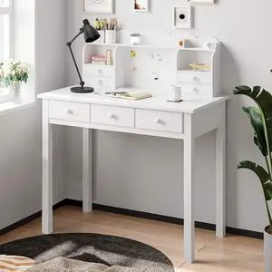 Writing Desk with 7 Drawers, Home Office Desk with Hutch, Student Desk Study Table, Small White Desks, Solid Pine Wood Legs Writing Desk with 7 Drawers, Home Office Desk with Hutch, Student Desk Study Table, Small White Desks, Solid Pine Wood Legs