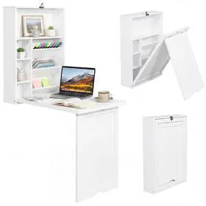 Folding Wall Mounted Desk, Convertible Fold Out Floating Table with Storage Shelves, Space-Saving Drop Leaf Table, Murphy Desk for Craft, Study, Small Spaces, Home Office, Dorm, White Folding Wall Mounted Desk, Convertible Fold Out Floating Table with Storage Shelves, Space-Saving Drop Leaf Table, Murphy Desk for Craft, Study, Small Spaces, Home Office, Dorm, White