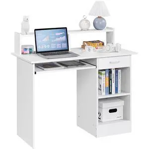 Home Office Wood Computer Desk with Keyboard Tray and Drawers, Students Writing Table with Storage Drawers & Hutch, Modern PC Laptop Desk, Multifunctional Workstation, White Home Office Wood Computer Desk with Keyboard Tray and Drawers, Students Writing Table with Storage Drawers & Hutch, Modern PC Laptop Desk, Multifunctional Workstation, White