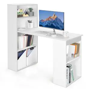 48 Inch Computer Desk with Bookshelf, 3-in-1 Home Office Desk with 4-Tier Bookcase & CPU Stand, Space-Saving Reversible Writing Desk Work Table for Bedroom, Study Room, Office (White) 48 Inch Computer Desk with Bookshelf, 3-in-1 Home Office Desk with 4-Tier Bookcase & CPU Stand, Space-Saving Reversible Writing Desk Work Table for Bedroom, Study Room, Office (White)