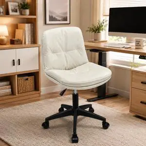 Vanity Chair with Back, PU Leather Swivel Office Desk Chair, Height Adjustable Armless Chair for Small Spaces, Bedroom, Vanity, Home Office Beige Vanity Chair with Back, PU Leather Swivel Office Desk Chair, Height Adjustable Armless Chair for Small Spaces, Bedroom, Vanity, Home Office Beige
