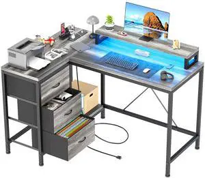 L Shaped Desk with Power Outlets & LED Lights, Computer Desk with Drawers & Shelves, Corner Desk Gaming Desk Home Office Desk, Oak L Shaped Desk with Power Outlets & LED Lights, Computer Desk with Drawers & Shelves, Corner Desk Gaming Desk Home Office Desk, Oak