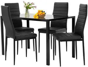 5-Piece Dining Table Set | Black | Glass Kitchen Table with 4 Upholstered Chairs and Faux Leather Cushions | Space-Saving and Modern Design | for Dining Room, Easy to Assemble 5-Piece Dining Table Set | Black | Glass Kitchen Table with 4 Upholstered Chairs and Faux Leather Cushions | Space-Saving and Modern Design | for Dining Room, Easy to Assemble