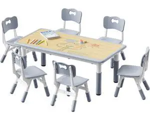 Height Adjustable Toddler Table and 6 Chairs Set, Grey | Table Supports 300 lbs, Non-Toxic HDPE, Graffiti Desktop, Classroom/Daycare/Home, Children Multi-Activity Table for Ages 3-8 Height Adjustable Toddler Table and 6 Chairs Set, Grey | Table Supports 300 lbs, Non-Toxic HDPE, Graffiti Desktop, Classroom/Daycare/Home, Children Multi-Activity Table for Ages 3-8