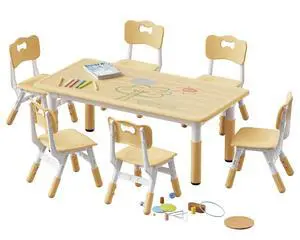 Height Adjustable Toddler Table and 6 Chairs Set, Beige | Table Supports 300 lbs, Non-Toxic HDPE, Graffiti Desktop, Classroom/Daycare/Home, Children Multi-Activity Table for Ages 3-8 Height Adjustable Toddler Table and 6 Chairs Set, Beige | Table Supports 300 lbs, Non-Toxic HDPE, Graffiti Desktop, Classroom/Daycare/Home, Children Multi-Activity Table for Ages 3-8