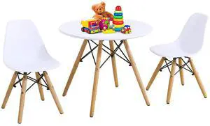 Kids Table and Chair Set, 3-Piece Kids Mid-Century Modern Style Table Set with Wood Legs for Dining Drawing Playing, Toddler Table and Chairs (White, Table & 2 Chairs) Kids Table and Chair Set, 3-Piece Kids Mid-Century Modern Style Table Set with Wood Legs for Dining Drawing Playing, Toddler Table and Chairs (White, Table & 2 Chairs)