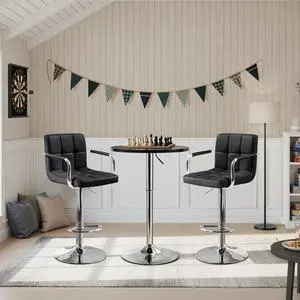 3-Piece Round Bar Table and PU Leather Adjustable Swivel Chairs, Modern Counter Height Table Set with 2 Bar Stool for Kitchen, Black 3-Piece Round Bar Table and PU Leather Adjustable Swivel Chairs, Modern Counter Height Table Set with 2 Bar Stool for Kitchen, Black