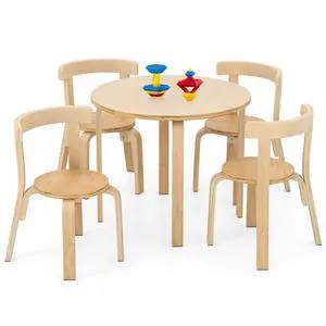 Kids Table and Chair Set, Bentwood Toddler Round Table and 4 Chairs for Craft Art, Building Block, 5-Piece Children Furniture Set for Daycare, Kindergarten, Playroom (Natural) Kids Table and Chair Set, Bentwood Toddler Round Table and 4 Chairs for Craft Art, Building Block, 5-Piece Children Furniture Set for Daycare, Kindergarten, Playroom (Natural)