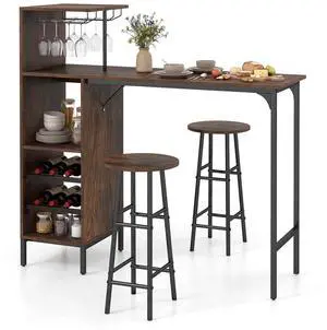 3 Pieces Bar Table and Stools Set, Bistro Table Set with Glass Holder, 2 Tier Wine Rack & Storage Shelves, Kitchen Counter Table with 2 Stools for Home, Dining Room, Restaurant (Rustic Brown) 3 Pieces Bar Table and Stools Set, Bistro Table Set with Glass Holder, 2 Tier Wine Rack & Storage Shelves, Kitchen Counter Table with 2 Stools for Home, Dining Room, Restaurant (Rustic Brown)