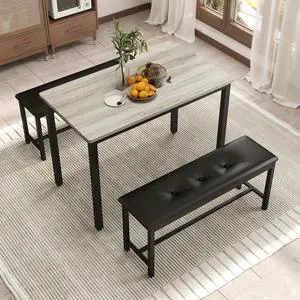 Dining Table Set for 4, Wood Kitchen Table & Chair with 2 Upholstered Benches for Breakfast Nook and Small Space, Grey Dining Table Set for 4, Wood Kitchen Table & Chair with 2 Upholstered Benches for Breakfast Nook and Small Space, Grey