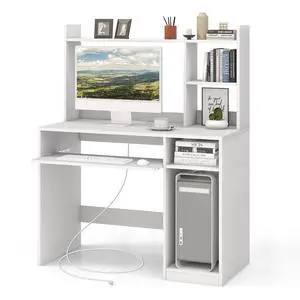White Desk with Hutch &Charging Station, Home Office Desk with Keyboard Tray & CPU Stand, Modern Laptop PC Desk, Space-Saving Writing Study Desk with Bookshelf, Ideal for Dorm Bedroom White Desk with Hutch &Charging Station, Home Office Desk with Keyboard Tray & CPU Stand, Modern Laptop PC Desk, Space-Saving Writing Study Desk with Bookshelf, Ideal for Dorm Bedroom