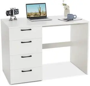 White Desk with 4 Storage Drawers, Home Office Writing Desk, Modern Executive Desk, Laptop PC Desk, Vanity Makeup Table, Computer Workstation for Bedroom, Study Room, Office White Desk with 4 Storage Drawers, Home Office Writing Desk, Modern Executive Desk, Laptop PC Desk, Vanity Makeup Table, Computer Workstation for Bedroom, Study Room, Office
