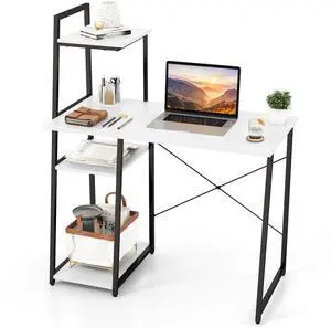 Computer Desk with Shelves, Space Saving Home Office Desk with 3-Tier Ladder Shaped Storage Bookshelf, Modern Writing Study Desk with Metal Frame, Compact Computer Workstation (White) Computer Desk with Shelves, Space Saving Home Office Desk with 3-Tier Ladder Shaped Storage Bookshelf, Modern Writing Study Desk with Metal Frame, Compact Computer Workstation (White)