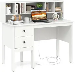 White Desk with Drawers & Hutch, Home Office Desk with Charging Station, 5 Storage Cubbies, Makeup Vanity Table, Modern Study Writing Desk, PC Laptop Desks, Computer Workstation for Bedroom White Desk with Drawers & Hutch, Home Office Desk with Charging Station, 5 Storage Cubbies, Makeup Vanity Table, Modern Study Writing Desk, PC Laptop Desks, Computer Workstation for Bedroom
