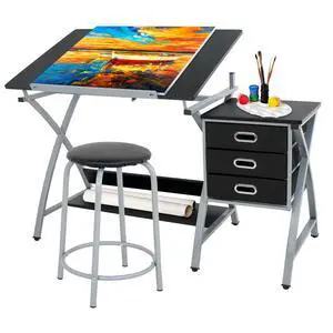 Drafting Table and Stool, Tilted Draft Table Desk w/Drawers, Artist Drawing Desk Craft Table for Drafting, Painting, Reading, Writing Drafting Table and Stool, Tilted Draft Table Desk w/Drawers, Artist Drawing Desk Craft Table for Drafting, Painting, Reading, Writing
