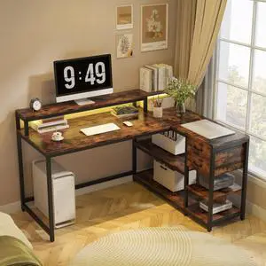 L Shaped Desk with Drawers and Storage Shelves, Home Office L Corner Desk with Monitor Stand, 55" x 24" Desktop Computer Table, Gaming Study Table for Small Space L Shaped Desk with Drawers and Storage Shelves, Home Office L Corner Desk with Monitor Stand, 55" x 24" Desktop Computer Table, Gaming Study Table for Small Space