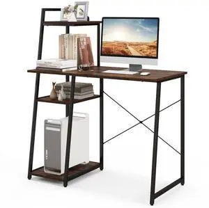 Computer Desk with 4-Tier Storage Shelves, Home Office Desk Writing Table with Sturdy X-Shape Frame, Adjustable Foot Pads, Modern Simple Style Small Study Desk, Wide Tabletop (Brown and Black) Computer Desk with 4-Tier Storage Shelves, Home Office Desk Writing Table with Sturdy X-Shape Frame, Adjustable Foot Pads, Modern Simple Style Small Study Desk, Wide Tabletop (Brown and Black)