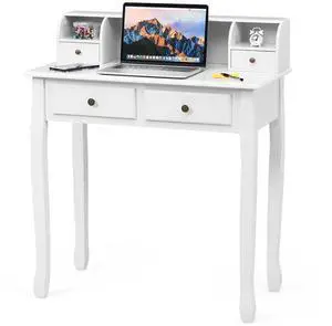 Byroce Small Writing Desk with Removable Hutch, 2-Tier Vanity Table with 4 Drawers, 3 Cubbies & Pine Wood Legs, Study Computer Desk for Bedroom Home Office (White) Byroce Small Writing Desk with Removable Hutch, 2-Tier Vanity Table with 4 Drawers, 3 Cubbies & Pine Wood Legs, Study Computer Desk for Bedroom Home Office (White)