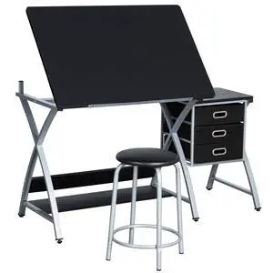 Drafting Tables, Draft Drawing Desk w/Stool and Tiltable Tabletop, 3 Storage Drawers, Reading, Writing Art Crafting Workstation, Black Drafting Tables, Draft Drawing Desk w/Stool and Tiltable Tabletop, 3 Storage Drawers, Reading, Writing Art Crafting Workstation, Black