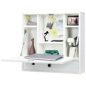 Wall-Mounted Computer Desk, Floating Desk with Storage Drawer & Shelves, Fold-up Desktop & Pneumatic Springs, Ideal for Home, Office, Dormitory, Small Spaces (White) Wall-Mounted Computer Desk, Floating Desk with Storage Drawer & Shelves, Fold-up Desktop & Pneumatic Springs, Ideal for Home, Office, Dormitory, Small Spaces (White)