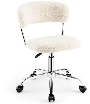 Home Office Chair, Faux Fur Low Back Swivel Leisure Chair w/Height Adjustable Padded Seat, Rolling Armless Vanity Chair w/Galvanized Steel Frame for Bedroom Study Guest Room, White Home Office Chair, Faux Fur Low Back Swivel Leisure Chair w/Height Adjustable Padded Seat, Rolling Armless Vanity Chair w/Galvanized Steel Frame for Bedroom Study Guest Room, White