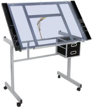 Glass Top Drafting Table with Storage, Adjustable Multifunctional Drafting Drawing Table Desk Tempered Glass Top Art Craft w/Drawers, Castors Glass Top Drafting Table with Storage, Adjustable Multifunctional Drafting Drawing Table Desk Tempered Glass Top Art Craft w/Drawers, Castors