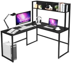 Reversible L-Shaped Desk with Hutch, Space Saving Corner Computer Desk with Storage Shelves, Home Office Study Writing Desk Computer Workstation with Storage Bookshelf, Gaming Desk Reversible L-Shaped Desk with Hutch, Space Saving Corner Computer Desk with Storage Shelves, Home Office Study Writing Desk Computer Workstation with Storage Bookshelf, Gaming Desk