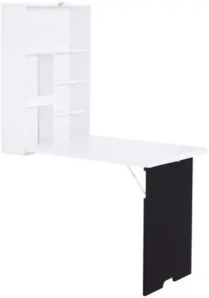 Wall Mounted Foldable Desk with a Blackboard, Fold Out Convertible Floating Desk with Shelves, 23.5" x 34.75"x 57.75", White Wall Mounted Foldable Desk with a Blackboard, Fold Out Convertible Floating Desk with Shelves, 23.5" x 34.75"x 57.75", White