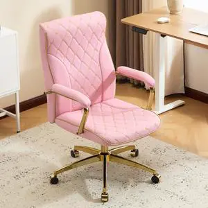 Pink and Gold Office Chair, Leather Office Chairs, Adjustable Vanity Chair with Golden Legs and Padded Armrest, Modern Upholstered Computer Chair with Wheels,Pink Pink and Gold Office Chair, Leather Office Chairs, Adjustable Vanity Chair with Golden Legs and Padded Armrest, Modern Upholstered Computer Chair with Wheels,Pink