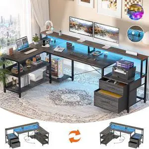 L Shaped Desk with Power Outlet, Reversible L Shaped Computer Desk with File Drawer & Monitor Stand, Gaming Desks with LED Strip, Home Office Desks with Storage Shelf, Grey Oak L Shaped Desk with Power Outlet, Reversible L Shaped Computer Desk with File Drawer & Monitor Stand, Gaming Desks with LED Strip, Home Office Desks with Storage Shelf, Grey Oak