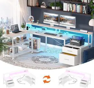 L Shaped Desk with Power Outlet, Reversible L Shaped Computer Desk with File Drawer & Monitor Stand, Gaming Desks with LED Strip, Home Office Desk with Storage Shelf, White L Shaped Desk with Power Outlet, Reversible L Shaped Computer Desk with File Drawer & Monitor Stand, Gaming Desks with LED Strip, Home Office Desk with Storage Shelf, White