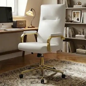 White and Gold Office Desk Chair Memory Foam, High Back Leather Executive Office Chair with Wheels and Arms for Women Girls Teens Adults White and Gold Office Desk Chair Memory Foam, High Back Leather Executive Office Chair with Wheels and Arms for Women Girls Teens Adults