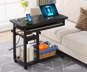 Small Portable Desk with Power Outlet, Height Adjustable Sofa Couch Bedside Laptop Table with Wheels, Mobile Standing Desk Rolling Computer Cart C Side Table with USB Ports Small Portable Desk with Power Outlet, Height Adjustable Sofa Couch Bedside Laptop Table with Wheels, Mobile Standing Desk Rolling Computer Cart C Side Table with USB Ports