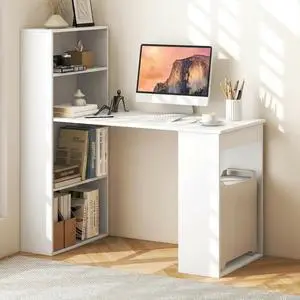 White Computer Desk with Bookshelf, Writing Study Desk with Storage Shelves & CPU Stand, Modern Compact Computer Workstation for Home & Office, Space-Saving Design White Computer Desk with Bookshelf, Writing Study Desk with Storage Shelves & CPU Stand, Modern Compact Computer Workstation for Home & Office, Space-Saving Design