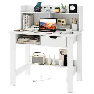 White Desk with Hutch & Drawer, Modern Computer Desk with Charging Station USB & Type C Port, Cable Hole, Home Office Desk with Storage Shelves for Study Room Bedroom White Desk with Hutch & Drawer, Modern Computer Desk with Charging Station USB & Type C Port, Cable Hole, Home Office Desk with Storage Shelves for Study Room Bedroom