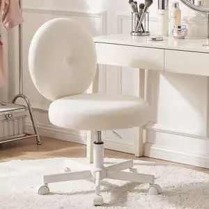Round Velvet Vanity Chair with Wheels, 360° Swivel Armless Desk Chair, Adjustable Height Rolling Makeup Chair for Bedroom Study Room, White Round Velvet Vanity Chair with Wheels, 360° Swivel Armless Desk Chair, Adjustable Height Rolling Makeup Chair for Bedroom Study Room, White