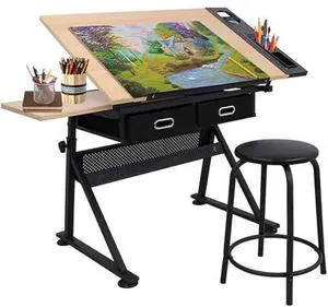 Drafting Table Drawing Desk Art&Craft Work Station Height Adjustable Tilting Tabletop Craft Table Desk w/Stool and 2 Storage Drawers for Home Office Study Room, Natural Drafting Table Drawing Desk Art&Craft Work Station Height Adjustable Tilting Tabletop Craft Table Desk w/Stool and 2 Storage Drawers for Home Office Study Room, Natural
