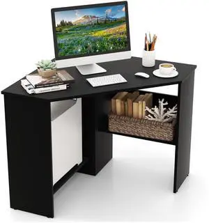 Corner Desk with Storage Shelves, Triangular Computer Desk with Cable Management Holes, Laptop Workstation for Small Space, Makeup Vanity Desk for Living Room, Study, Black Corner Desk with Storage Shelves, Triangular Computer Desk with Cable Management Holes, Laptop Workstation for Small Space, Makeup Vanity Desk for Living Room, Study, Black