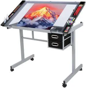 Adjustable Drafting Table Art Desk Drawing Table Versatile Art Craft Work Station Glass Tabletop w/2 Slide Drawers and Wheels for Reading, Writing, Painting Home Office Adjustable Drafting Table Art Desk Drawing Table Versatile Art Craft Work Station Glass Tabletop w/2 Slide Drawers and Wheels for Reading, Writing, Painting Home Office