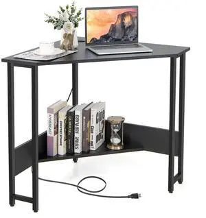 Corner Desk with Power Outlet & USB Ports, Triangle Computer Desk with Charging Station, Storage Shelf, Space Saving Writing Desk, Vanity Table, Corner Desk for Small Space (Black) Corner Desk with Power Outlet & USB Ports, Triangle Computer Desk with Charging Station, Storage Shelf, Space Saving Writing Desk, Vanity Table, Corner Desk for Small Space (Black)
