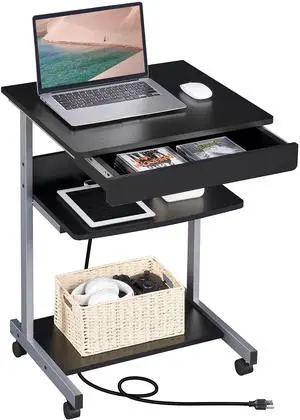 Mobile Laptop Desk Compact Computer Table on Wheels with Power Outlet and USB Ports, Home Office Writing Desk with Charging Station and Printer Shelf Small Desk 22in for Space Saving, Black Mobile Laptop Desk Compact Computer Table on Wheels with Power Outlet and USB Ports, Home Office Writing Desk with Charging Station and Printer Shelf Small Desk 22in for Space Saving, Black