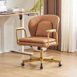 Leather Office Chairs, Gold Office Chair, Adjustable Swivel Computer Chair with Golden Legs and Wooden Padded Armrest, Modern Upholstered Task Chair with Wheels,Brown Leather Office Chairs, Gold Office Chair, Adjustable Swivel Computer Chair with Golden Legs and Wooden Padded Armrest, Modern Upholstered Task Chair with Wheels,Brown